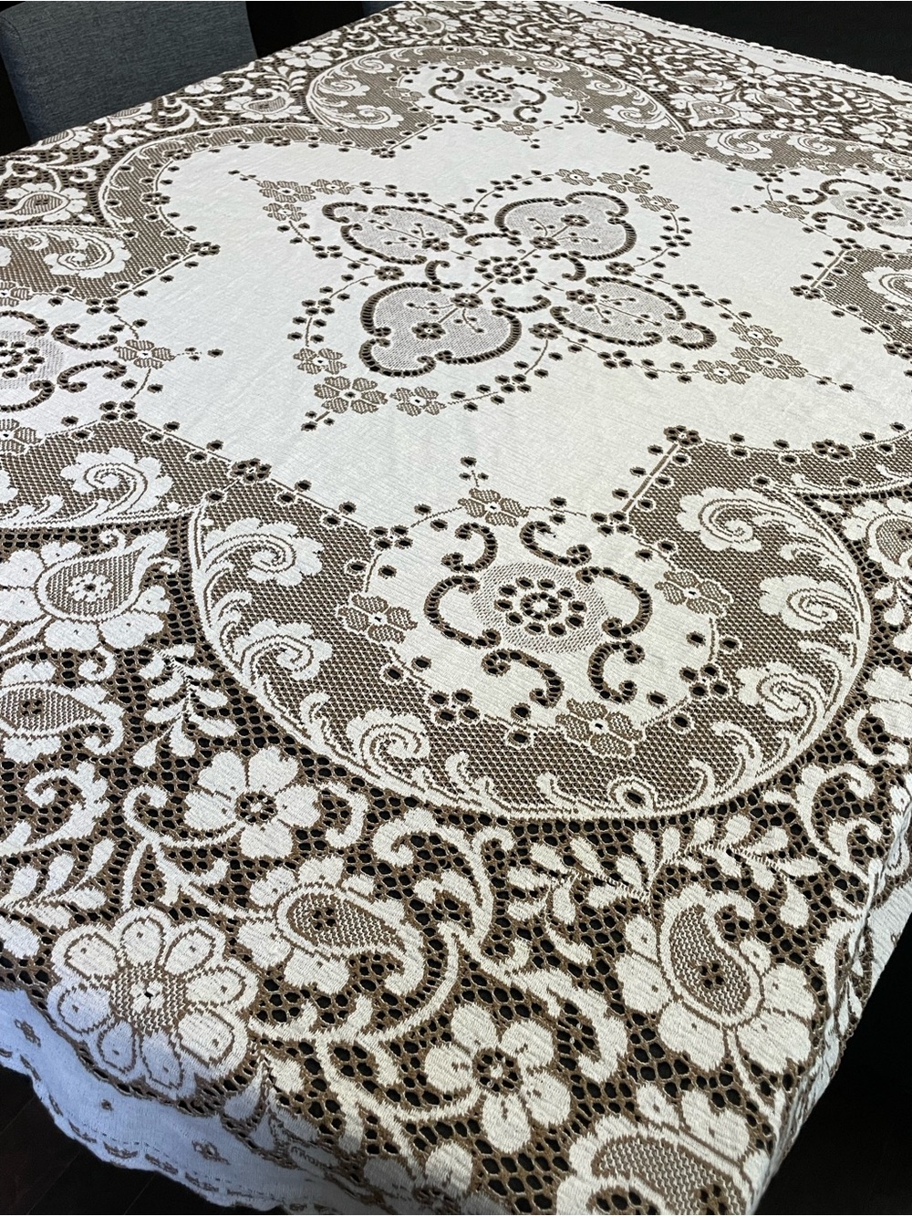 Vintage Off White With Brown Embroidered Edges Floral Table Cloth 70x62